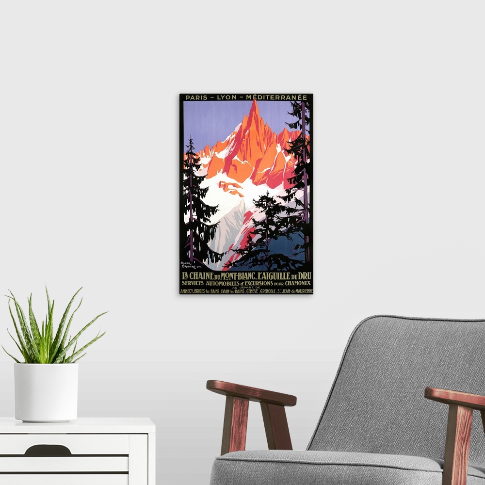 A modern room featuring Vintage Art Deco travel poster advertising travel and tourism to Mont Blanc and the French Alps.