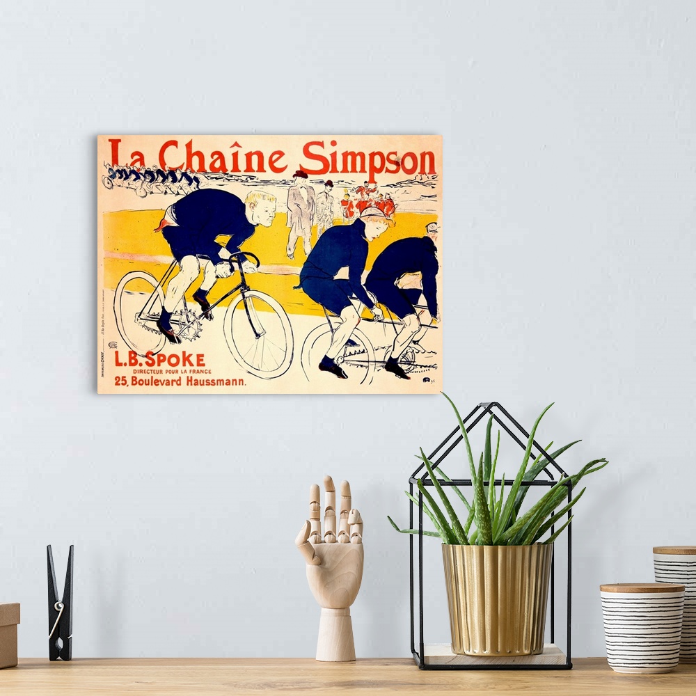 A bohemian room featuring Antique advertising poster of cyclists racing by with bystanders in the background.