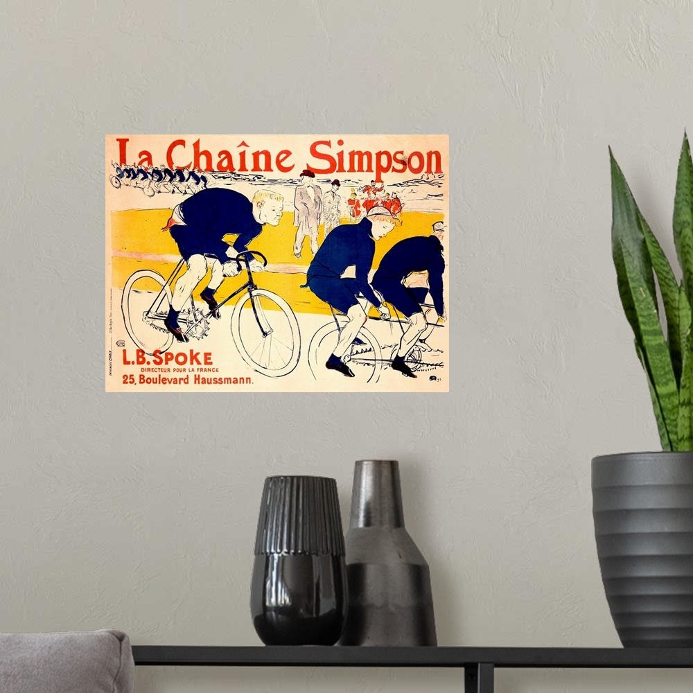 A modern room featuring Antique advertising poster of cyclists racing by with bystanders in the background.