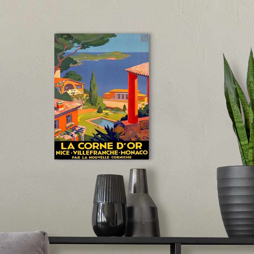 A modern room featuring La Corne dOr, Vintage Poster