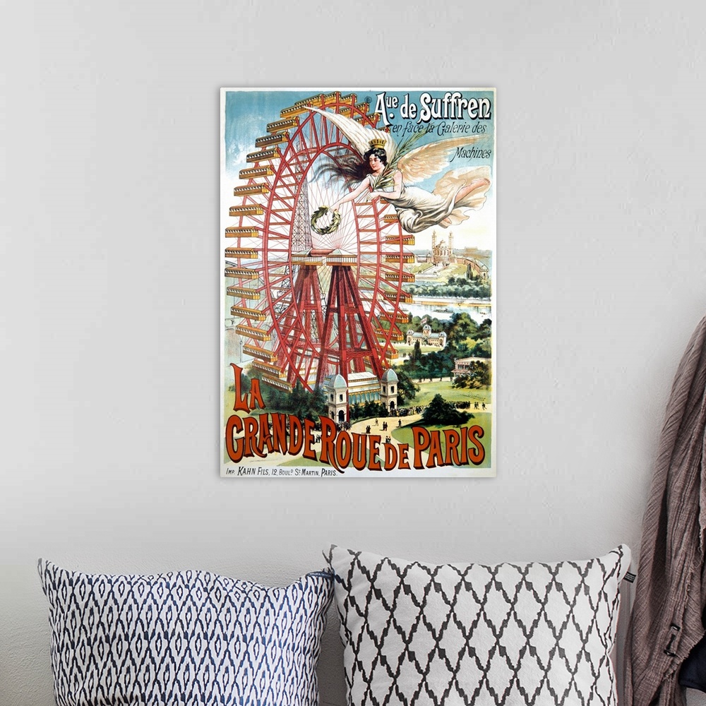 A bohemian room featuring La Grande Ferris Wheel Vintage Advertising Poster