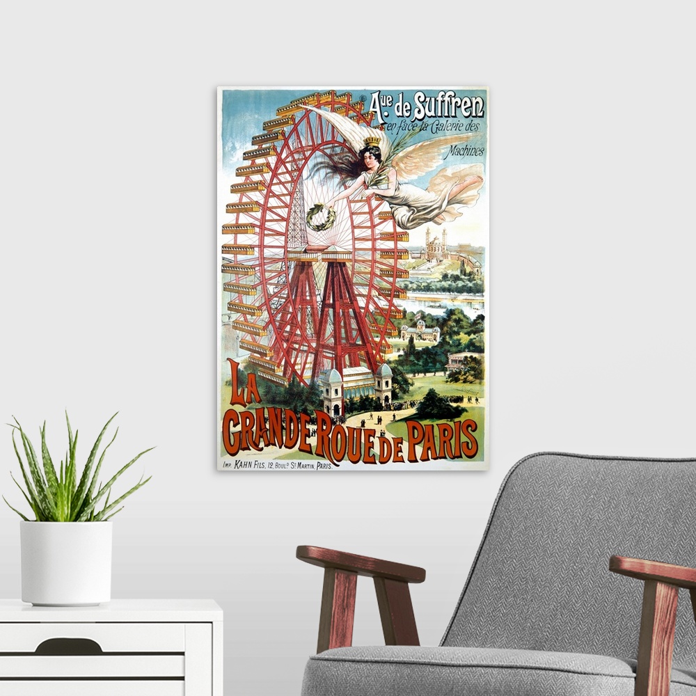 A modern room featuring La Grande Ferris Wheel Vintage Advertising Poster