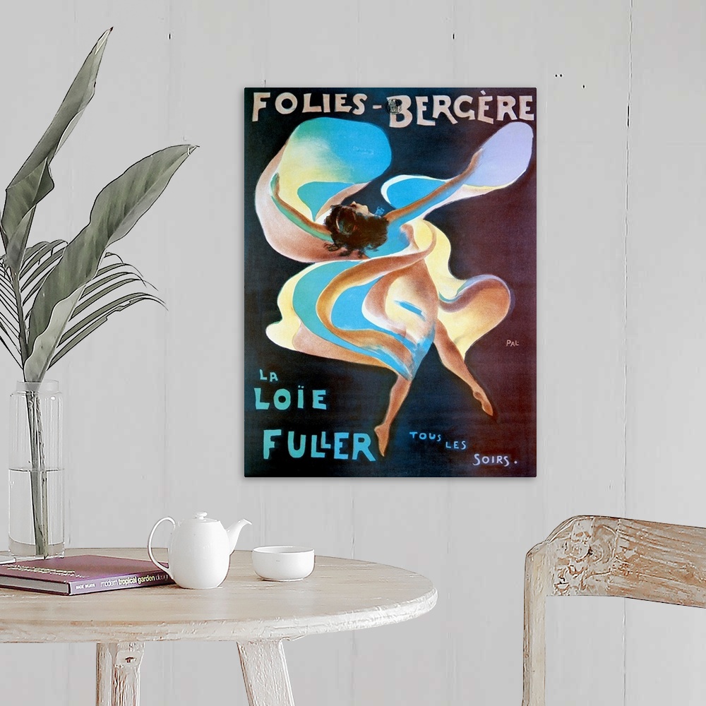 A farmhouse room featuring Vintage theater poster of a woman draped in flowing fabric dancing for a live entertainment act f...