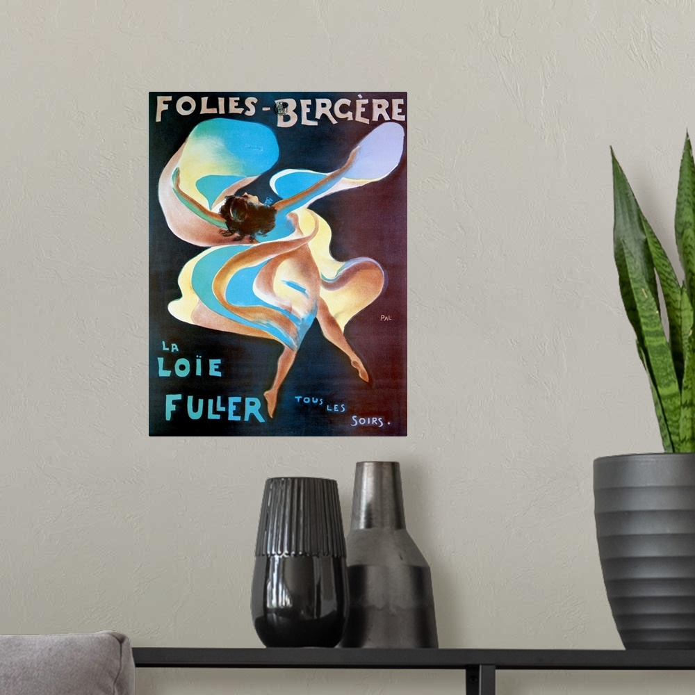 A modern room featuring Vintage theater poster of a woman draped in flowing fabric dancing for a live entertainment act f...