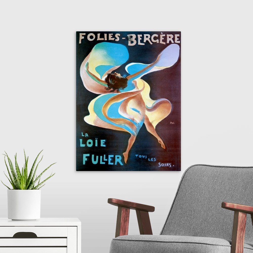 A modern room featuring Vintage theater poster of a woman draped in flowing fabric dancing for a live entertainment act f...