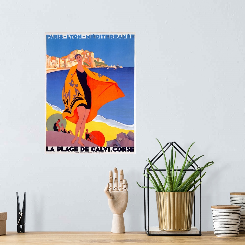 A bohemian room featuring Photograph of classic Art Deco poster that is bold and colorful.  The poster captures the essence...