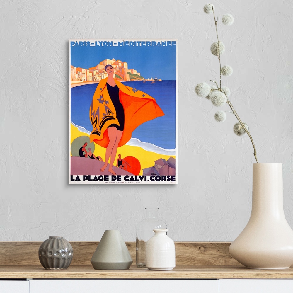 A farmhouse room featuring Photograph of classic Art Deco poster that is bold and colorful.  The poster captures the essence...