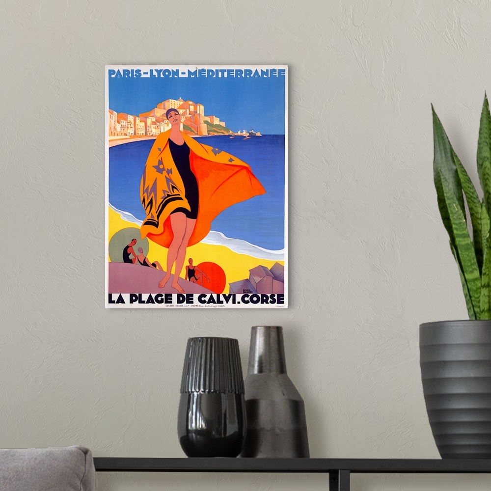 A modern room featuring Photograph of classic Art Deco poster that is bold and colorful.  The poster captures the essence...