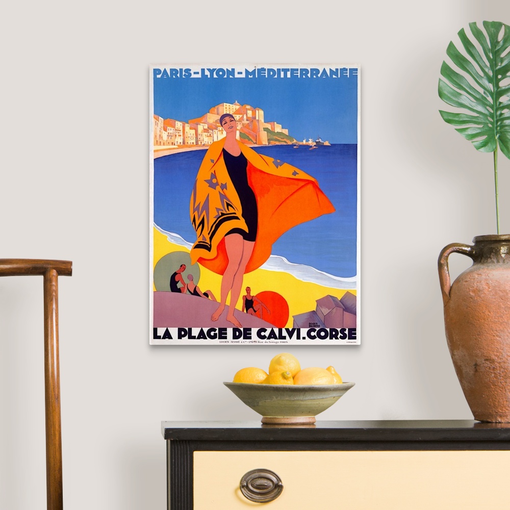 A traditional room featuring Photograph of classic Art Deco poster that is bold and colorful.  The poster captures the essence...