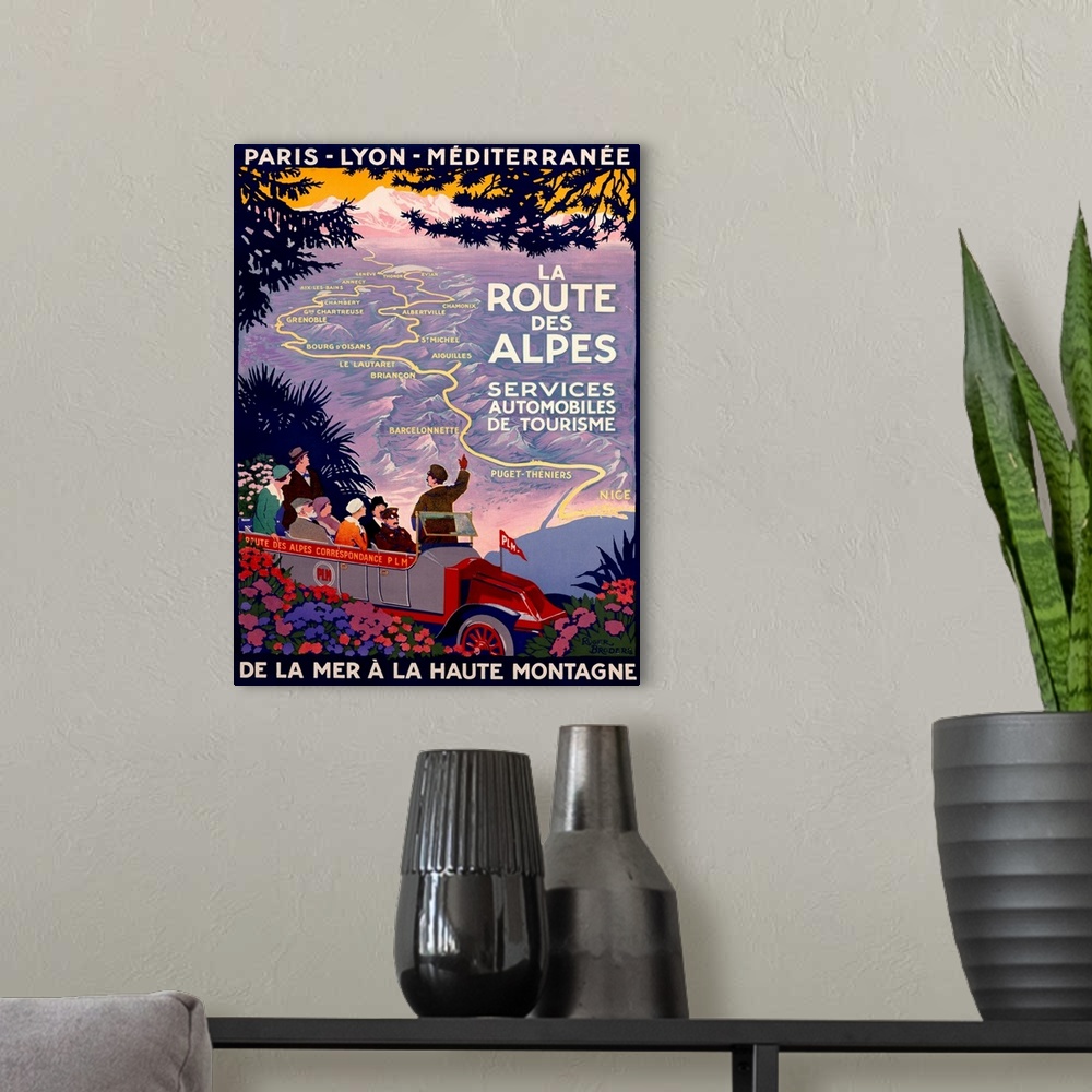A modern room featuring This is a retro travel poster of a tour guide pointing out a map through the mountains of France ...