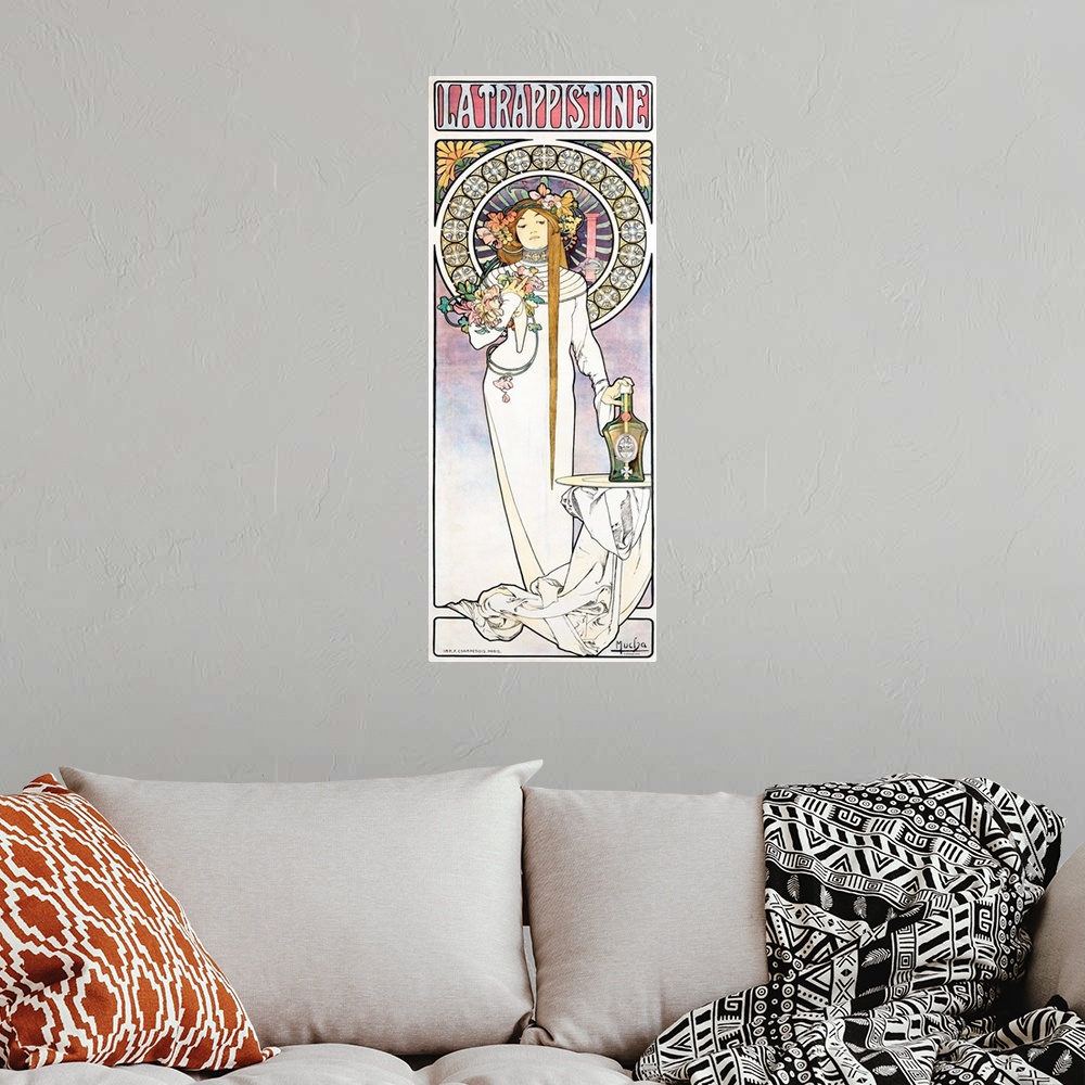 A bohemian room featuring Mucha Nouveau La Trappistine Poster