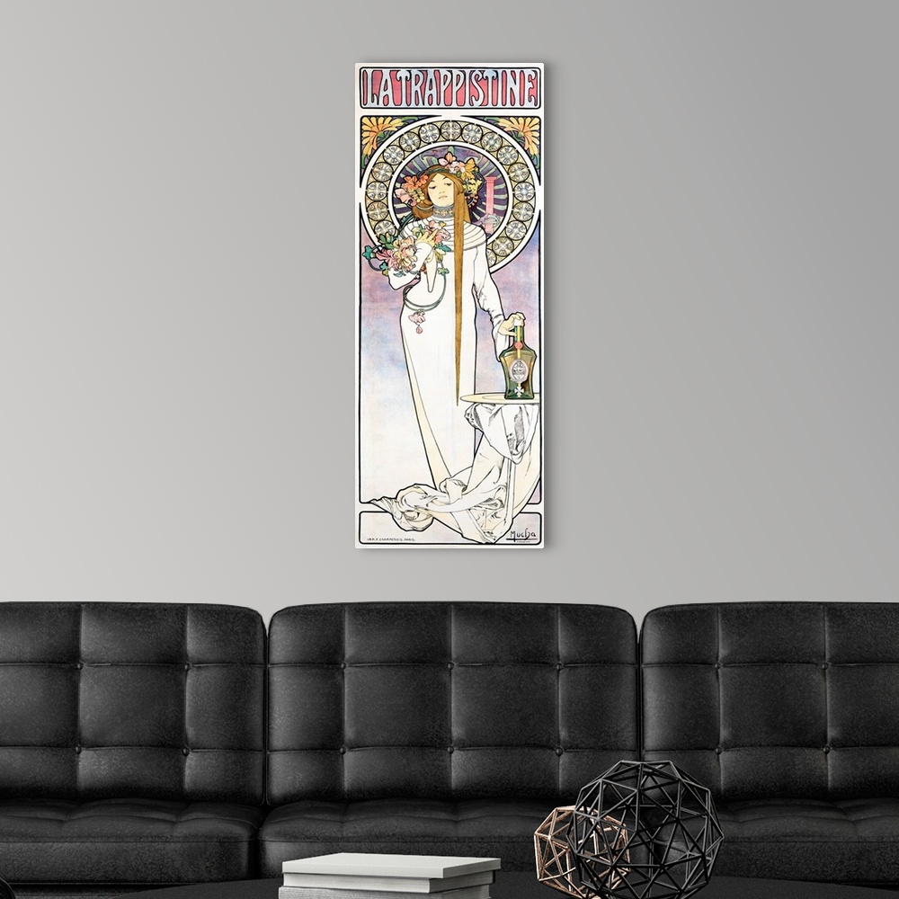 A modern room featuring Mucha Nouveau La Trappistine Poster