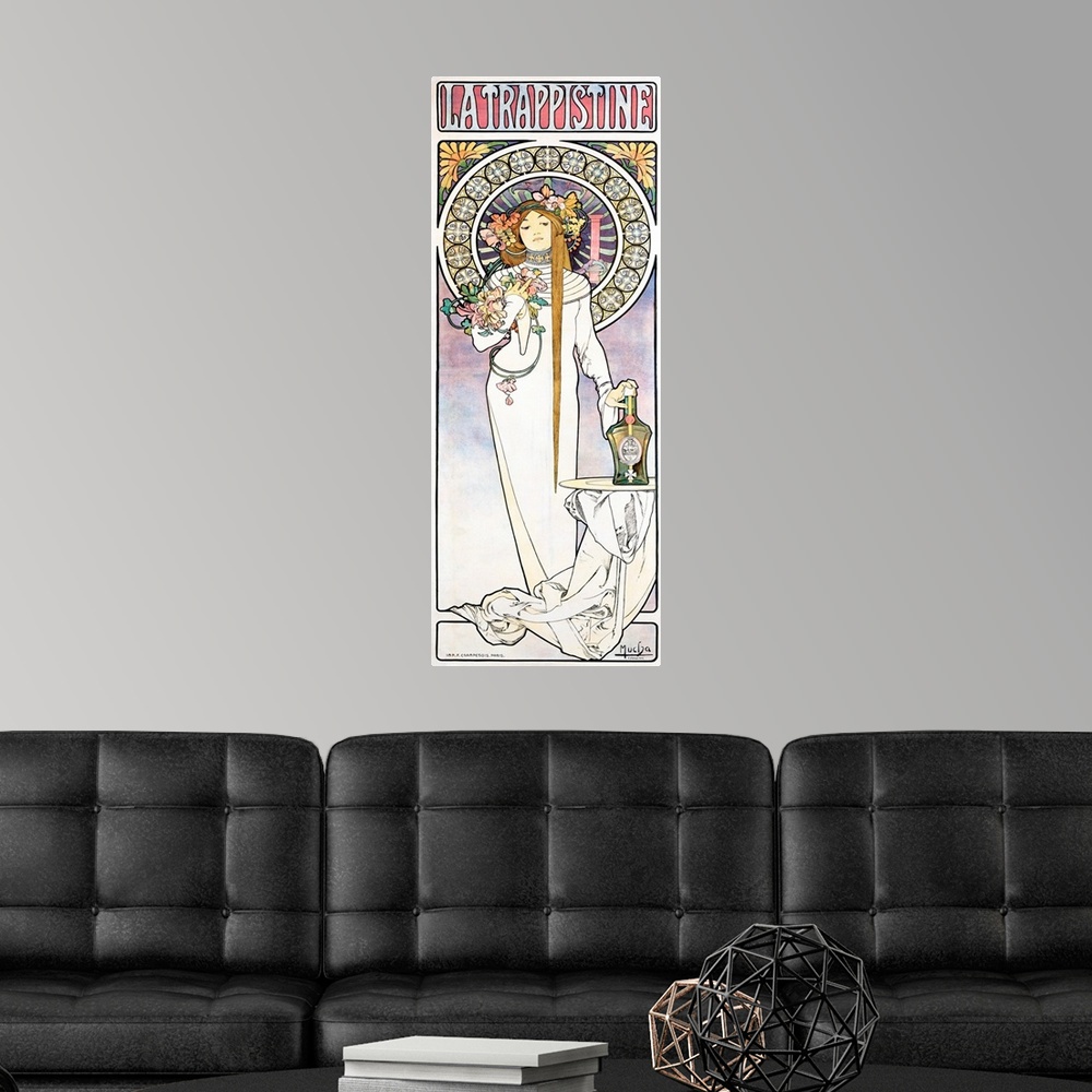 A modern room featuring Mucha Nouveau La Trappistine Poster