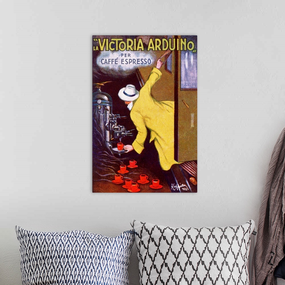 A bohemian room featuring Huge vintage advertising art has a man leaning out of an open train door to get a cup of espresso...