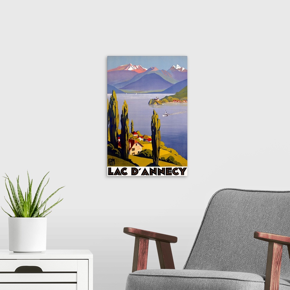 A modern room featuring A scenic lake lined with small villages and surrounded by tall European mountains in this Art Dec...