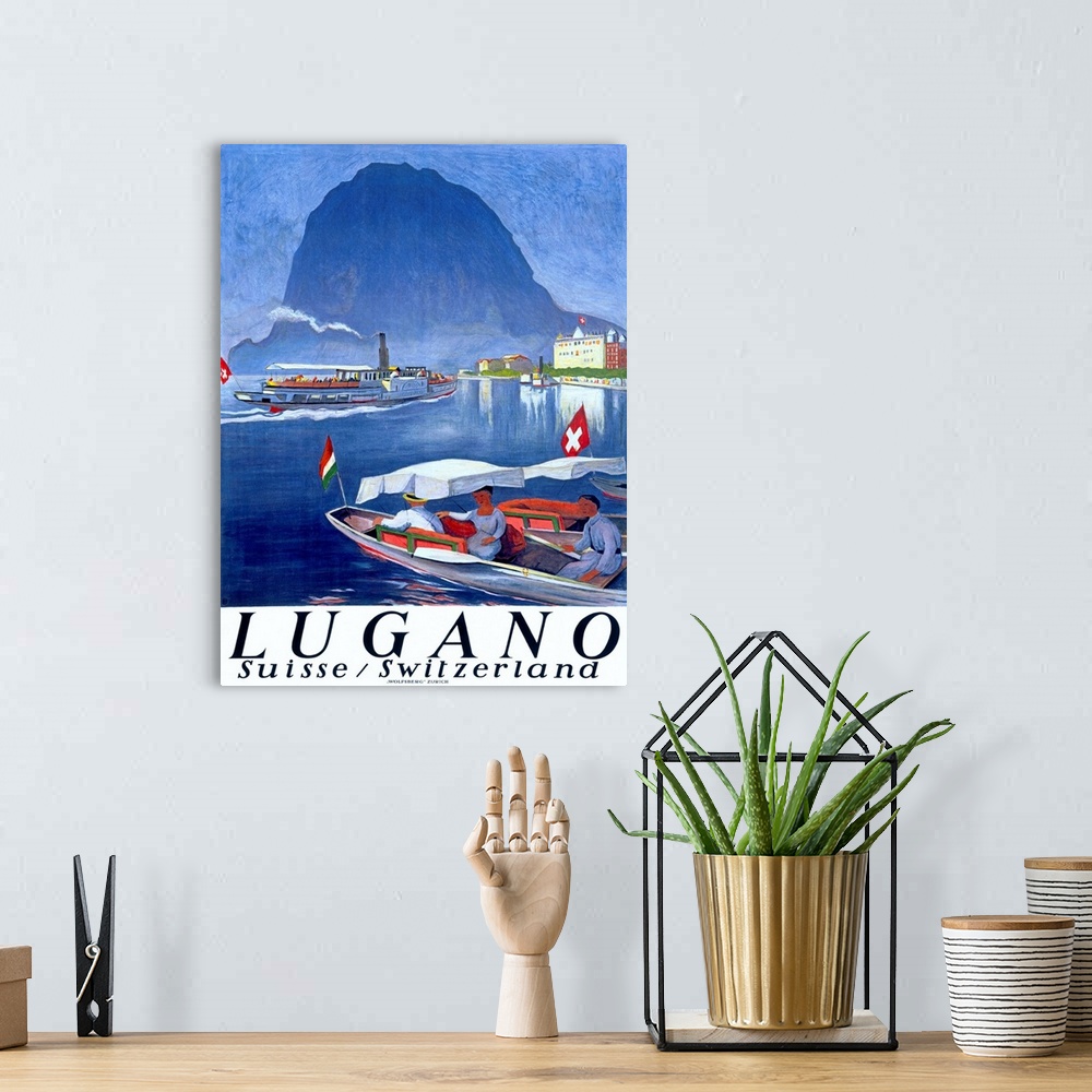 A bohemian room featuring Lake Lugano, Switzerland, Vintage Poster, by Otto Baumberger