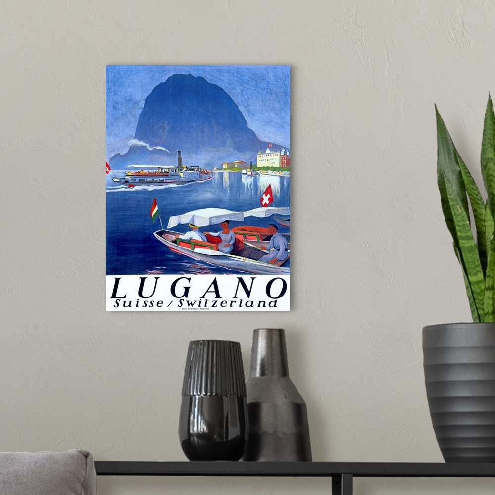 A modern room featuring Lake Lugano, Switzerland, Vintage Poster, by Otto Baumberger