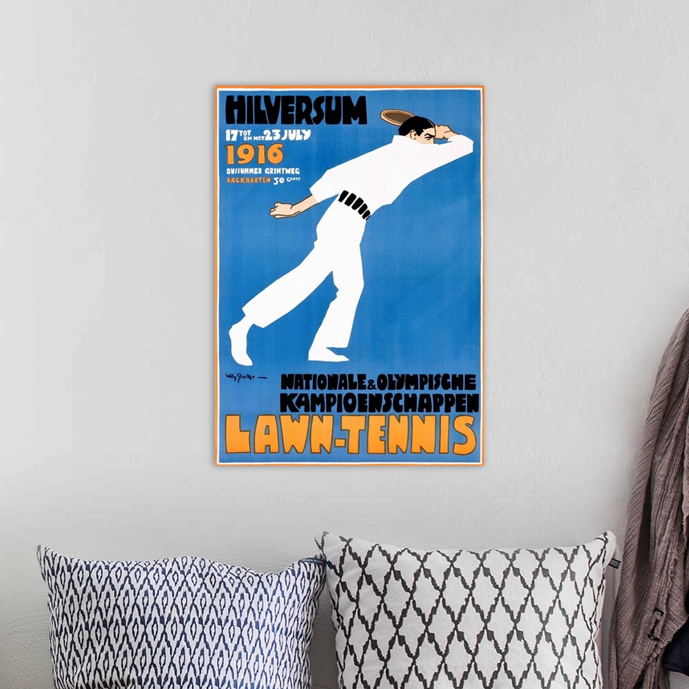 A bohemian room featuring This is an Art Deco style poster in German advertising an even by showing a tennis player against...