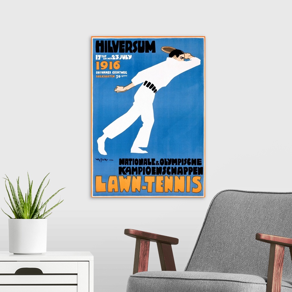 A modern room featuring This is an Art Deco style poster in German advertising an even by showing a tennis player against...