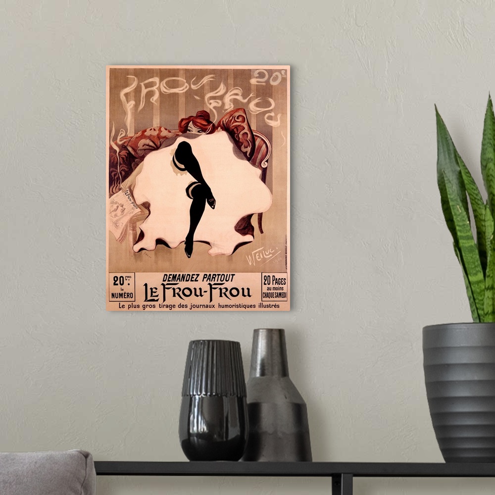 A modern room featuring A classic poster with a woman sitting on a couch with her legs crossed and the layers of her dres...
