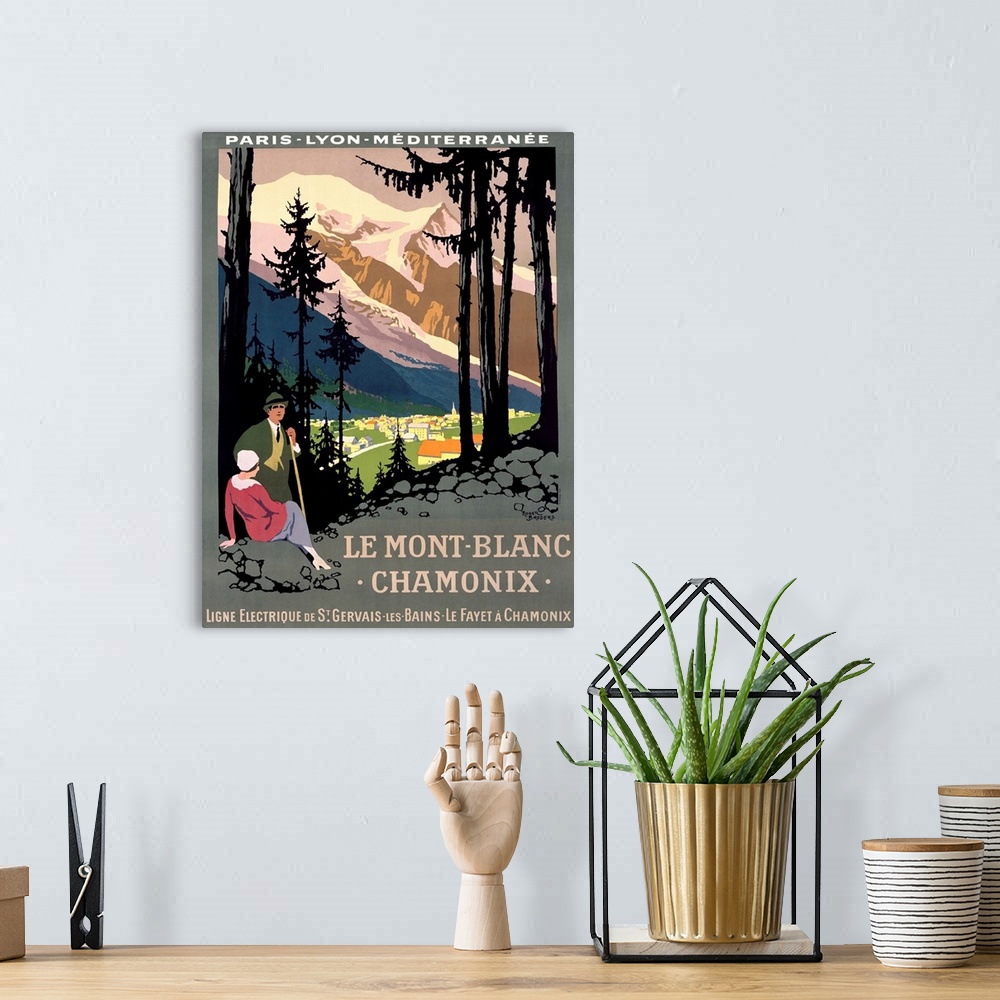 A bohemian room featuring Portrait, large vintage, French advertisement for Le Mont Blanc, Chamonix, a man and woman take a...