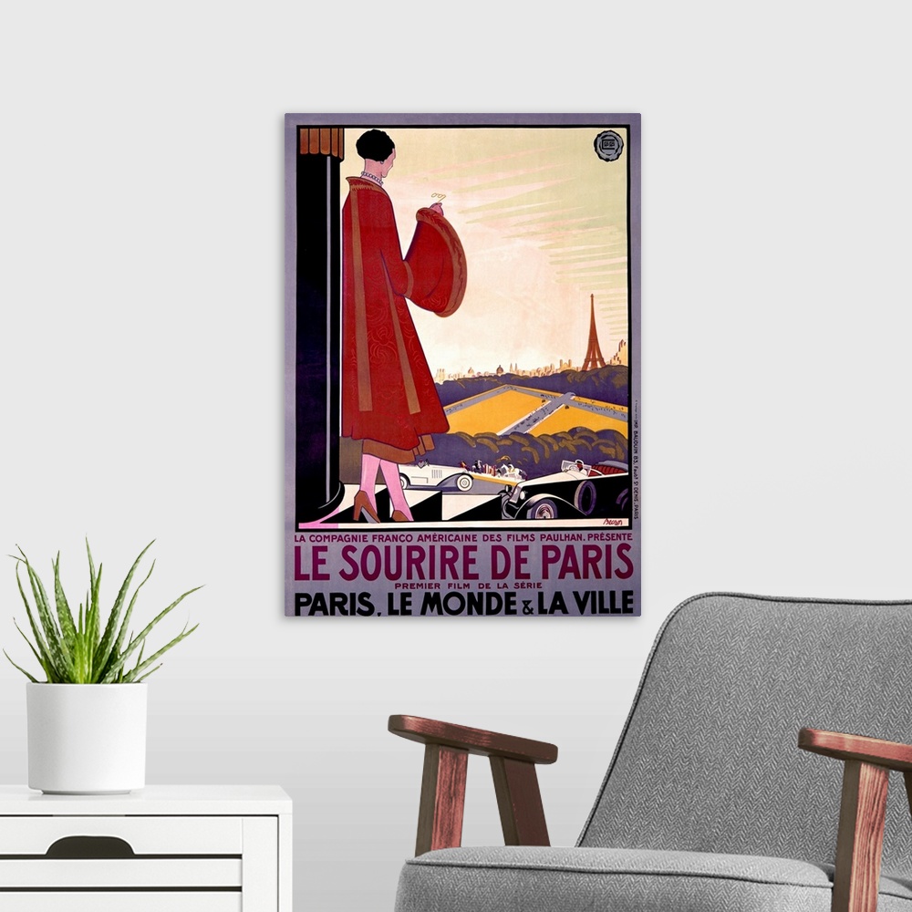 A modern room featuring Big, vertical, vintage advertisement for the French film Le Sourire de Paris, a woman in an extra...