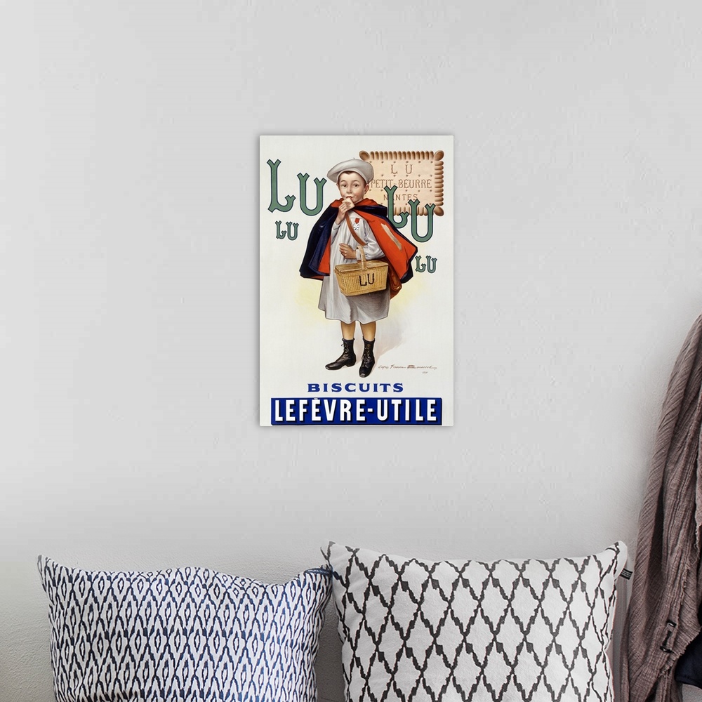 A bohemian room featuring Retro poster on canvas of a painting of a boy holding a basket eating a biscuit.
