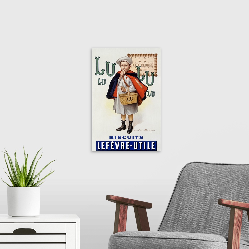 A modern room featuring Retro poster on canvas of a painting of a boy holding a basket eating a biscuit.