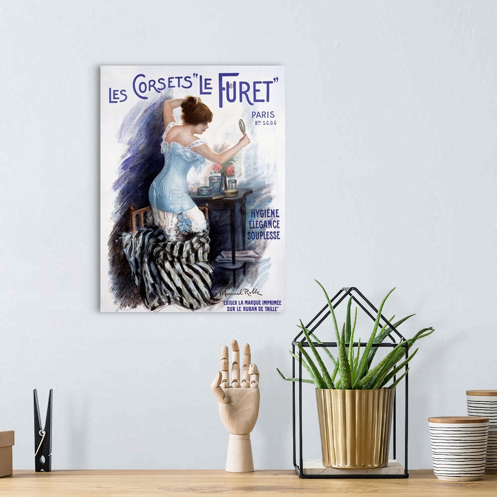 A bohemian room featuring Les Corsets Le Furet, Vintage Poster, by Manuel Robbe