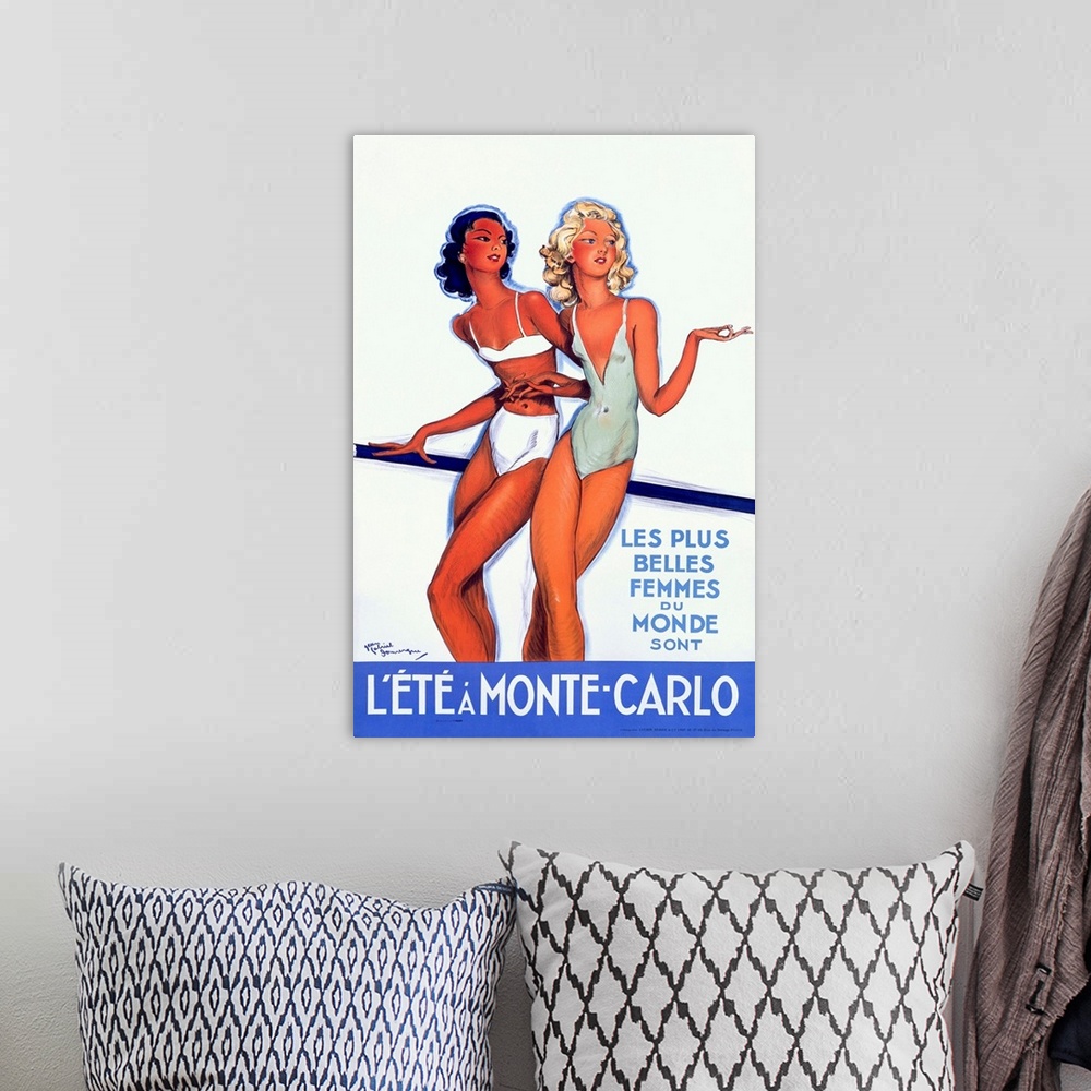 A bohemian room featuring A vintage painting of two women in bathing suits printed on canvas.