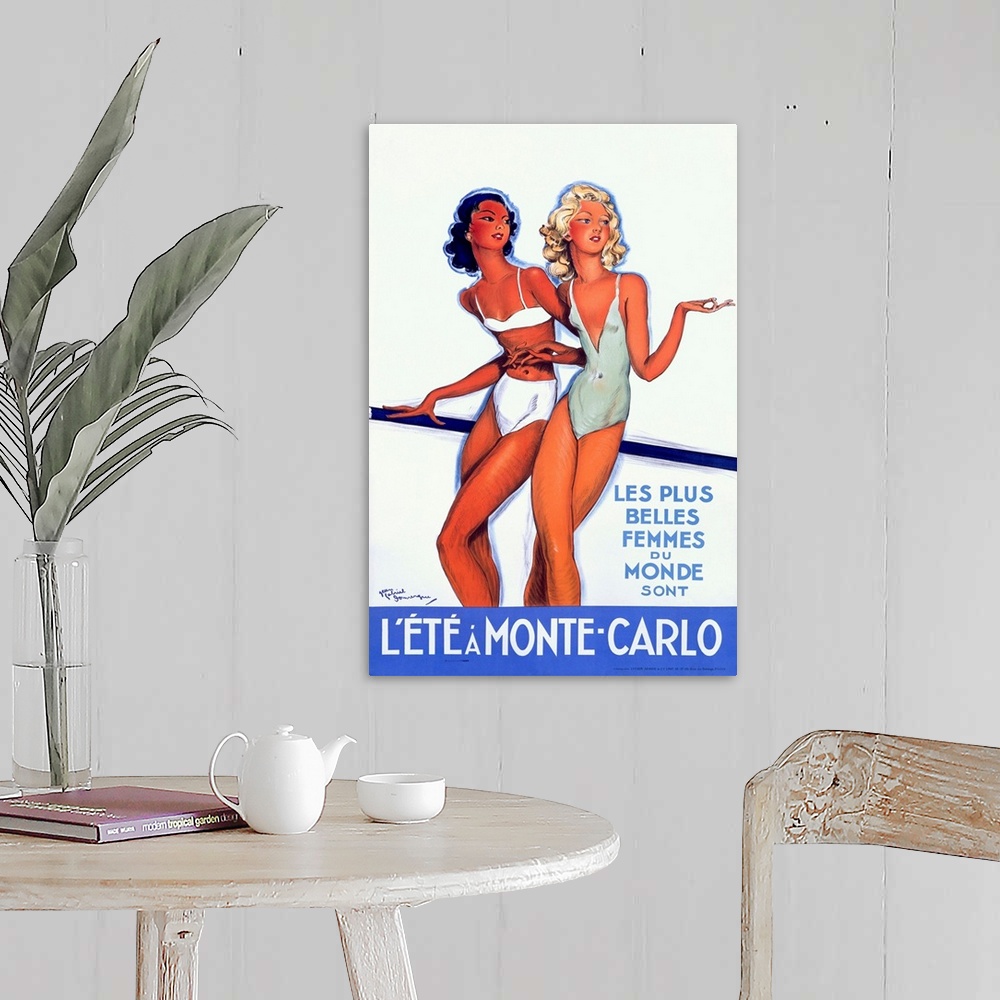 A farmhouse room featuring A vintage painting of two women in bathing suits printed on canvas.