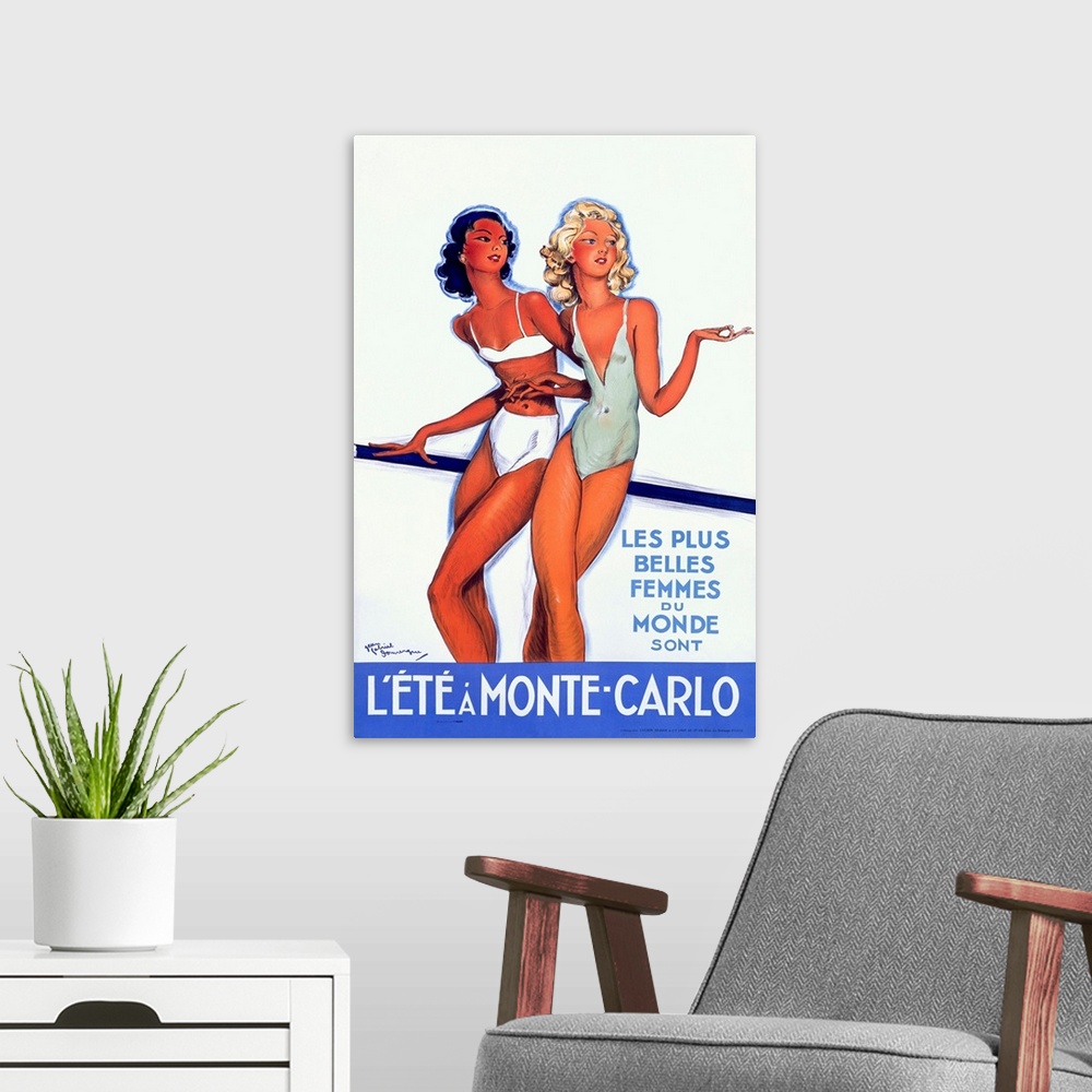 A modern room featuring A vintage painting of two women in bathing suits printed on canvas.