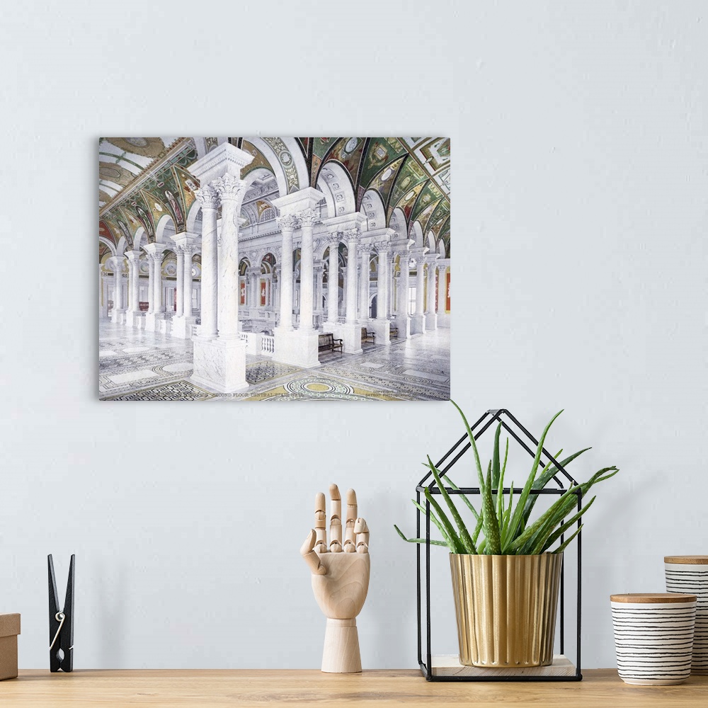 A bohemian room featuring Antiqued photo of the inside of the Library of Congress with a bunch of pillars and painted ceili...
