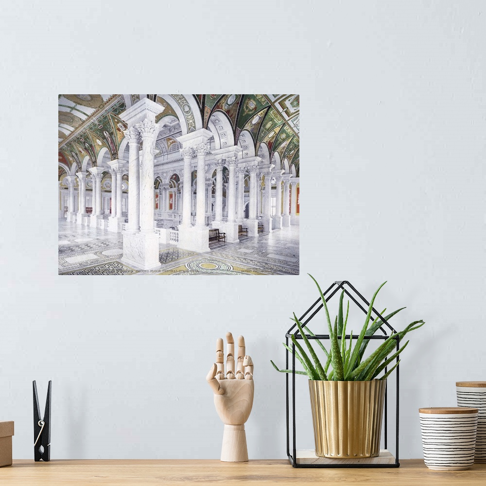 A bohemian room featuring Antiqued photo of the inside of the Library of Congress with a bunch of pillars and painted ceili...