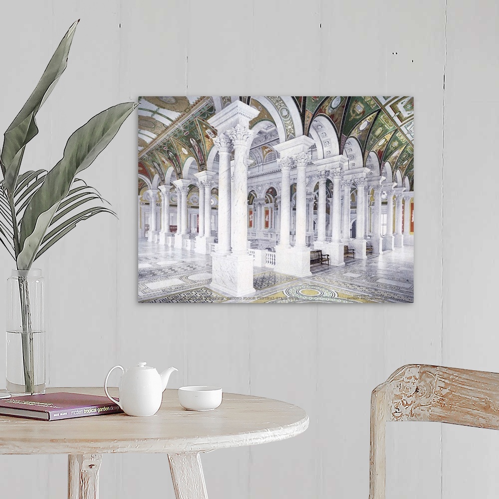 A farmhouse room featuring Antiqued photo of the inside of the Library of Congress with a bunch of pillars and painted ceili...