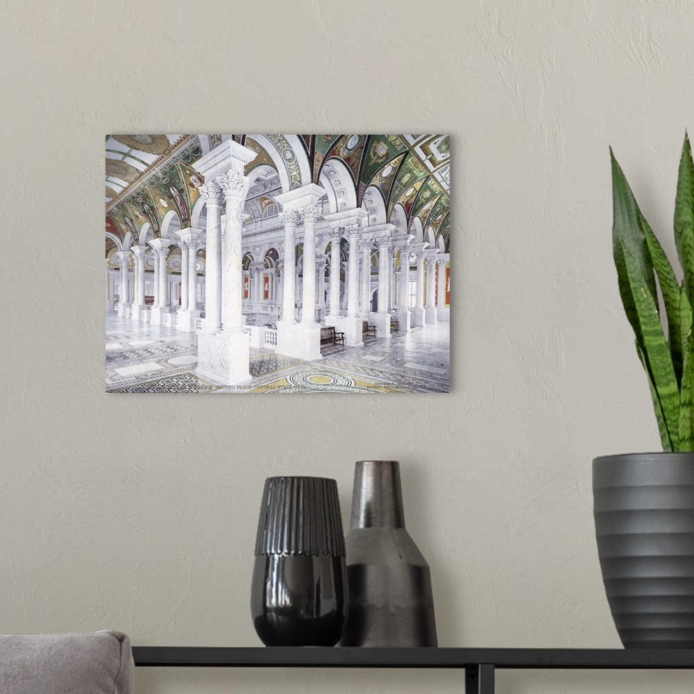 A modern room featuring Antiqued photo of the inside of the Library of Congress with a bunch of pillars and painted ceili...