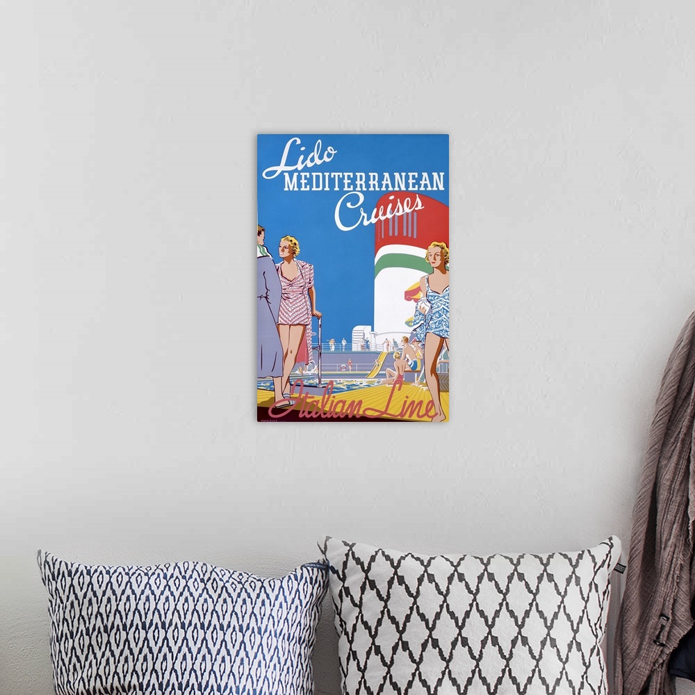 A bohemian room featuring Lido Mediterranean Cruises, Italian Line, Vintage Poster