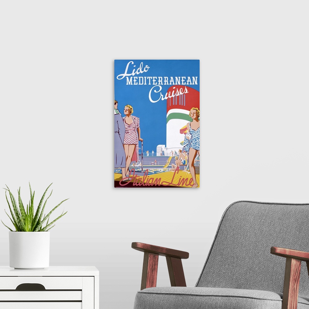 A modern room featuring Lido Mediterranean Cruises, Italian Line, Vintage Poster