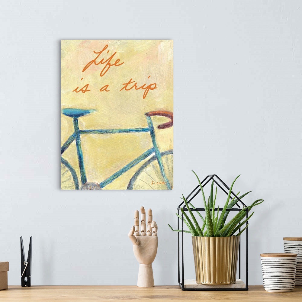 A bohemian room featuring This artwork is a painting of a vintage racing bike with the text written above "Life is a trip".