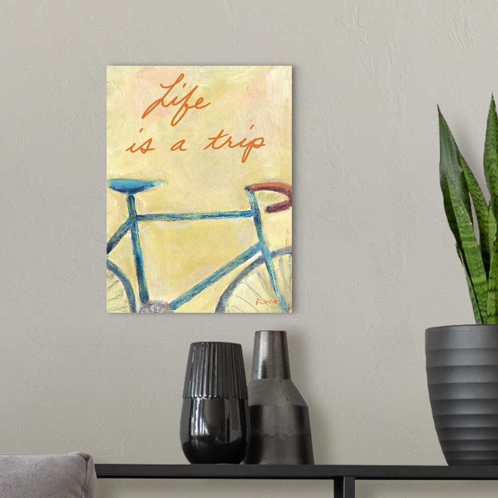 A modern room featuring This artwork is a painting of a vintage racing bike with the text written above "Life is a trip".