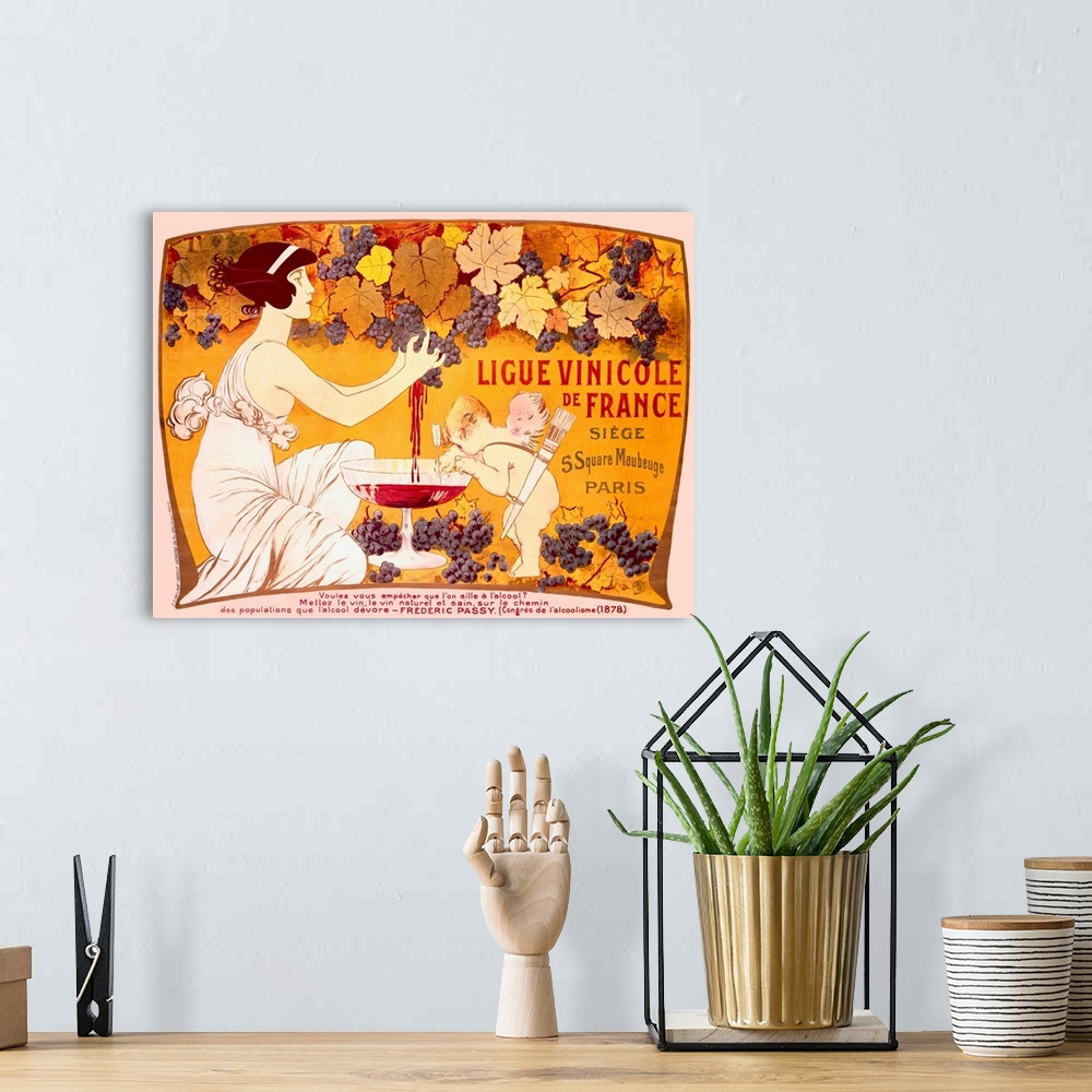 A bohemian room featuring Vintage styled poster of a woman squeezing juice out of grapes in to a giant wine glass with cupi...