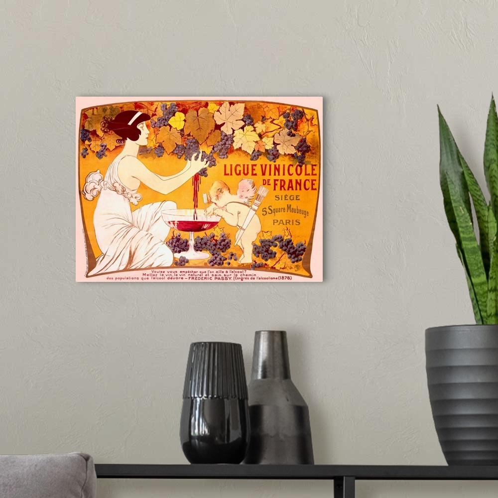 A modern room featuring Vintage styled poster of a woman squeezing juice out of grapes in to a giant wine glass with cupi...