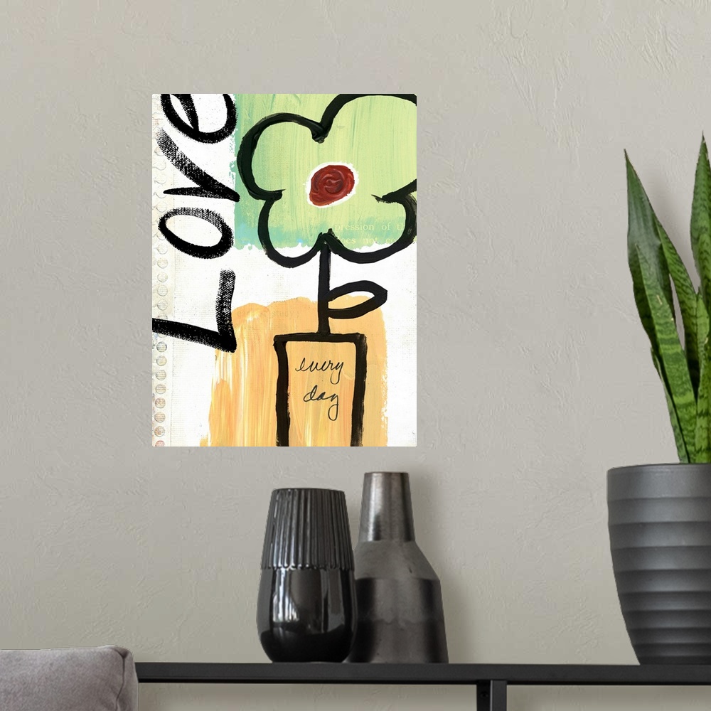 A modern room featuring Simple artwork of a flower in a vase and the word "love," drawn in thick brushstrokes on a piece ...