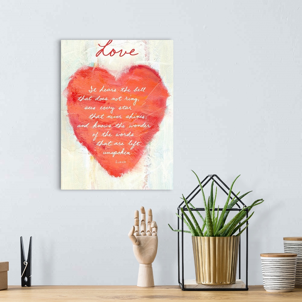 A bohemian room featuring Vertical,  large painting of a heart on a light background, painted with thick texture and rough ...