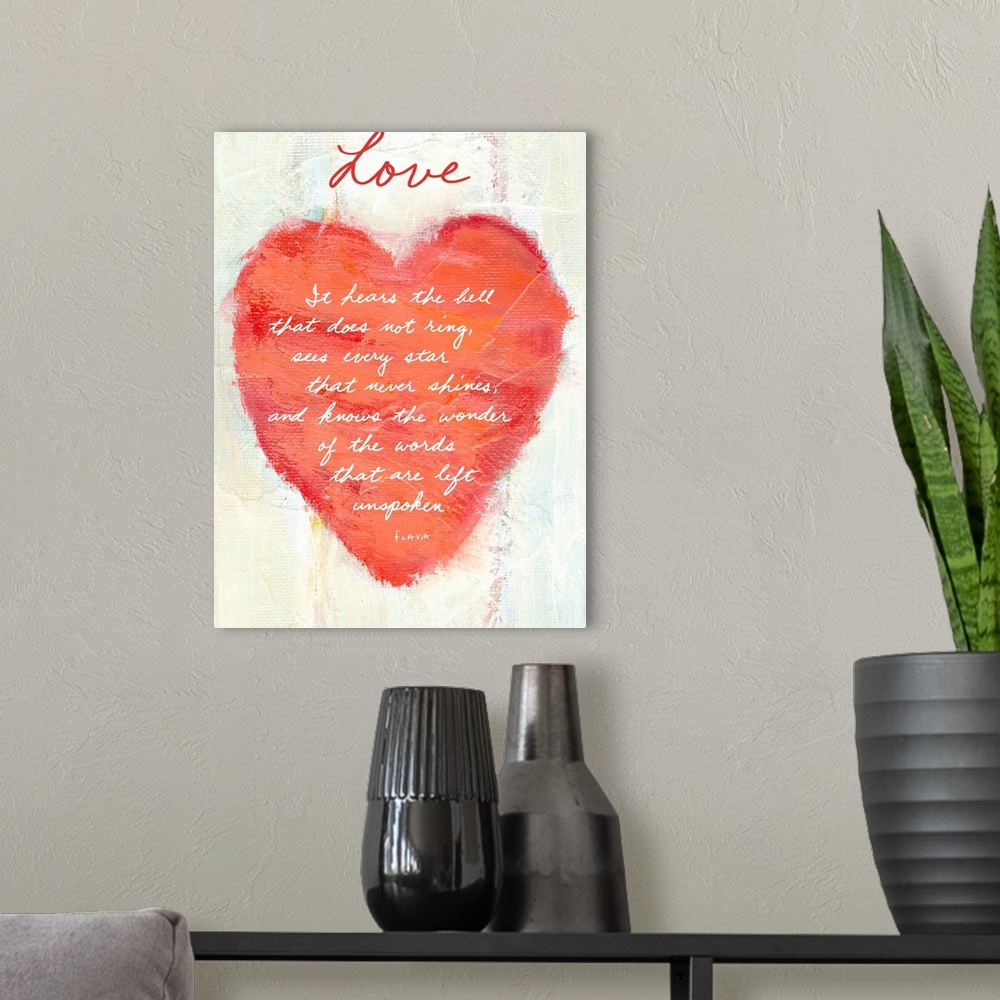 A modern room featuring Vertical,  large painting of a heart on a light background, painted with thick texture and rough ...
