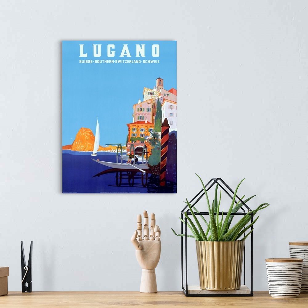 A bohemian room featuring Lucano, Flying Swiss Air, Vintage Poster