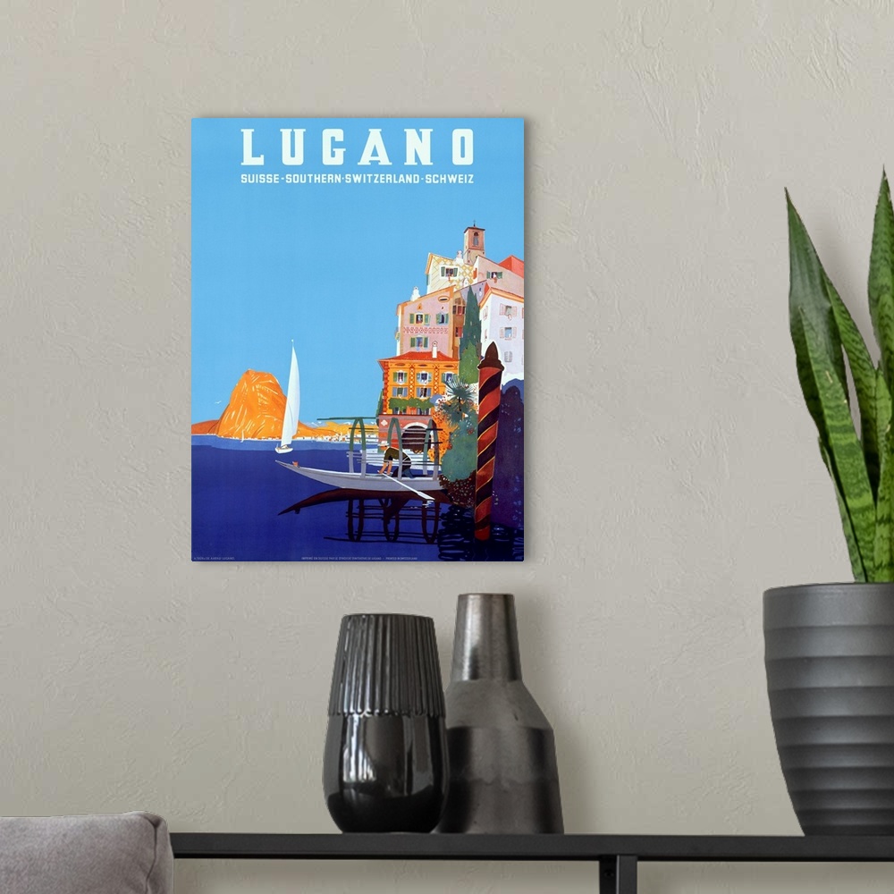A modern room featuring Lucano, Flying Swiss Air, Vintage Poster