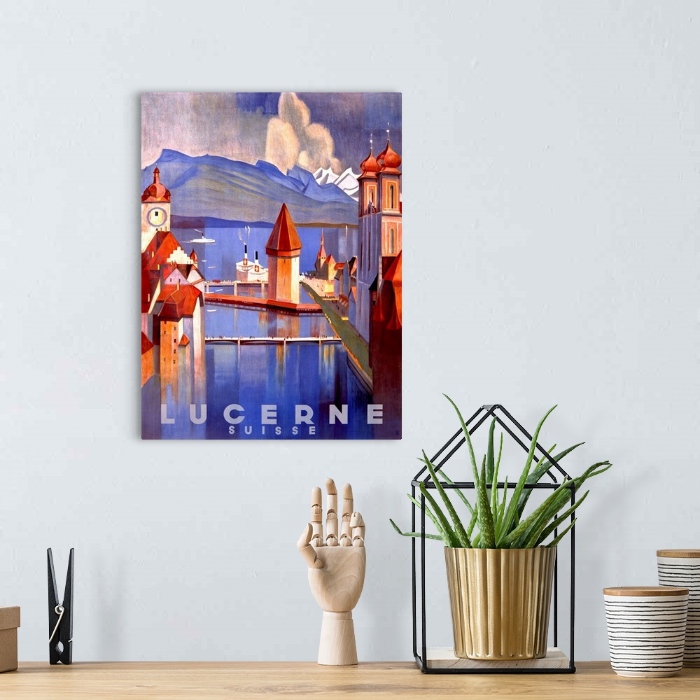 A bohemian room featuring Lucerne Vintage Advertising Poster