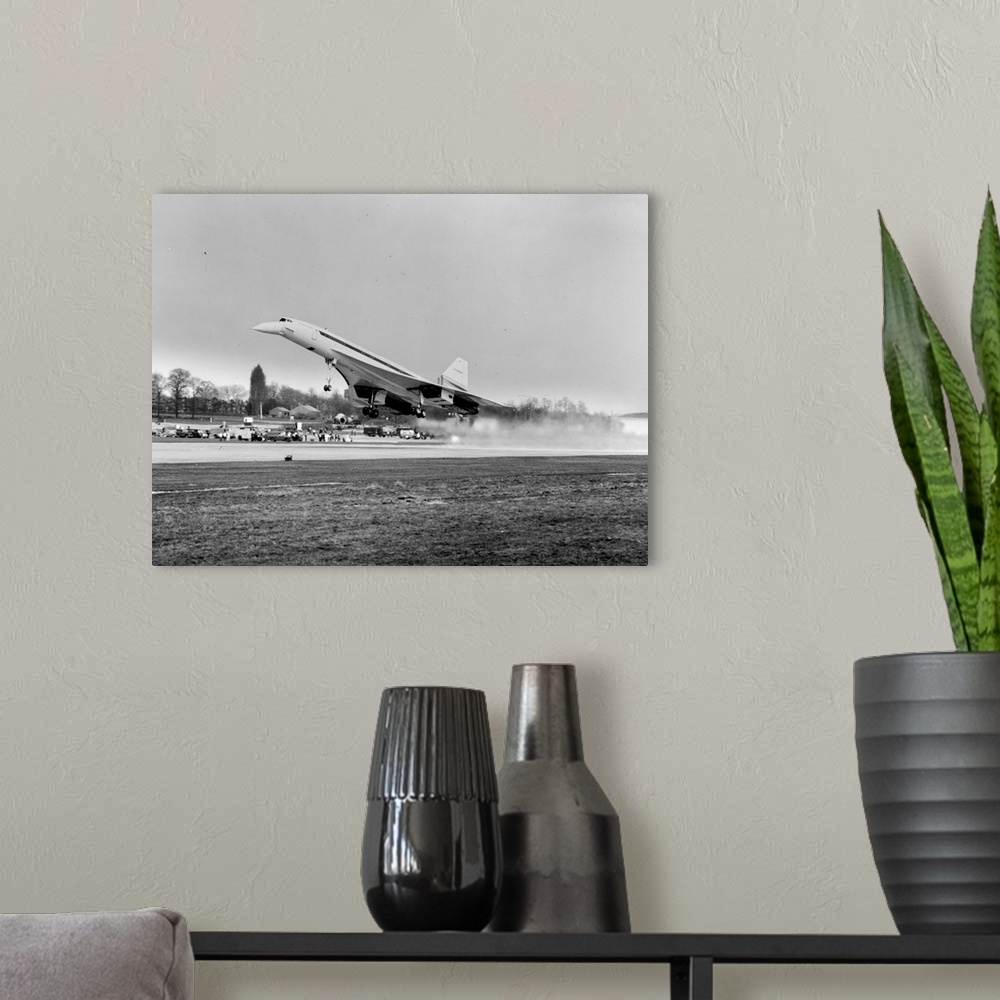 A modern room featuring Concorde 002 taking off on its maiden flight from Filton, near Bristol
