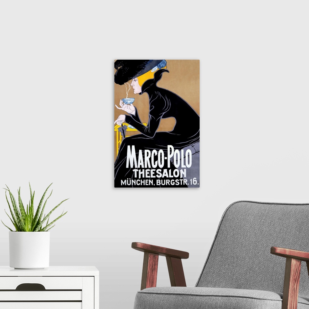 A modern room featuring Vintage poster of a woman in a black dress wearing an elaborate black as she sits and hunches ove...